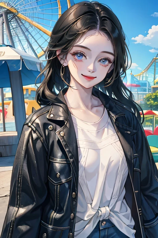 a girl with black hair , white shirt with short jean and a jean coat ,at an amusement park , slightly smiling (detailed face / clothes / eyes etc 