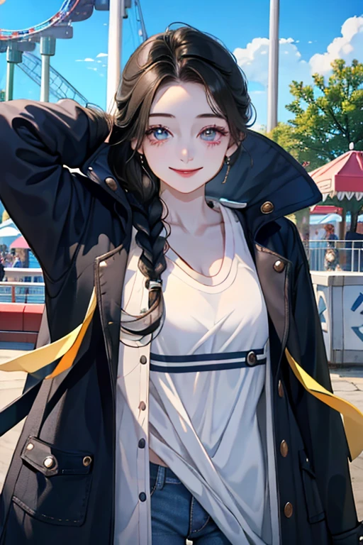 a girl with black hair , white shirt with short jean and a jean coat ,at an amusement park , slightly smiling (detailed face / clothes / eyes etc 