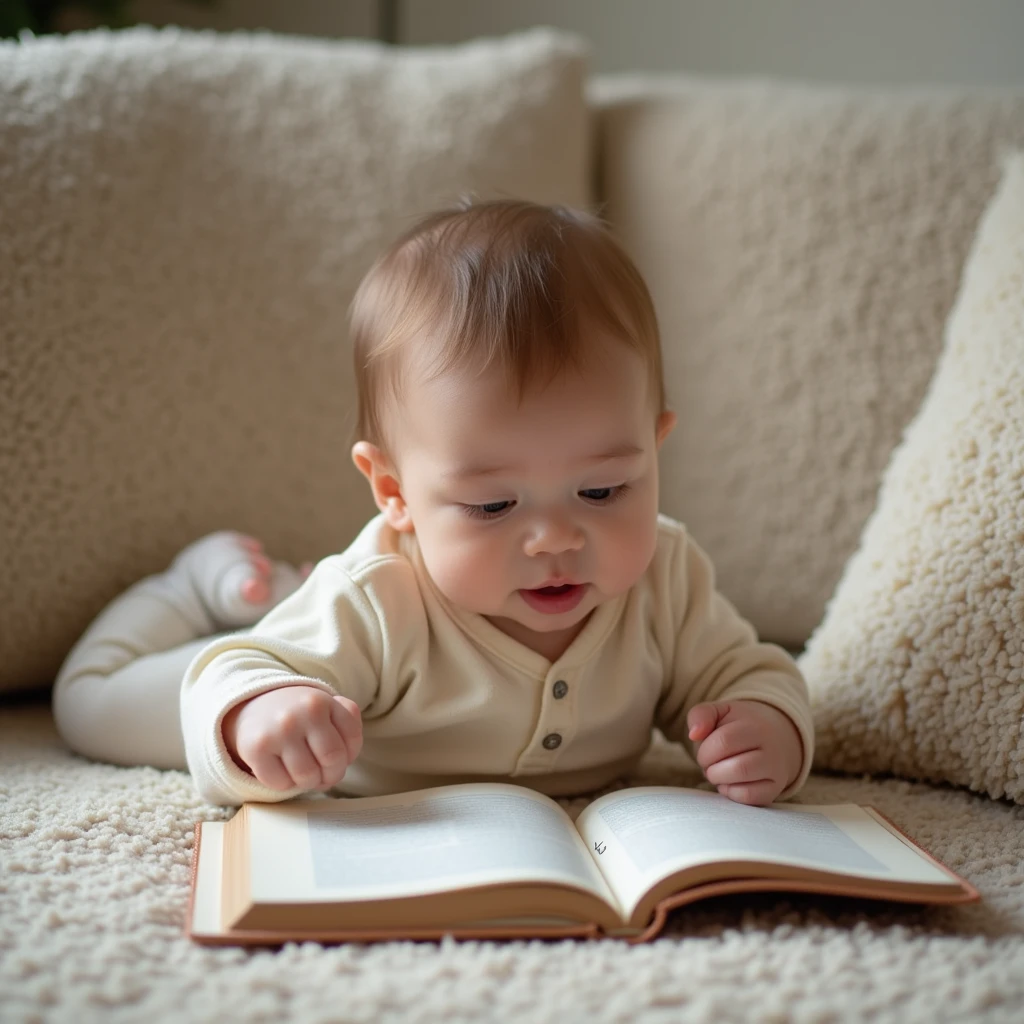 A baby reading a science book