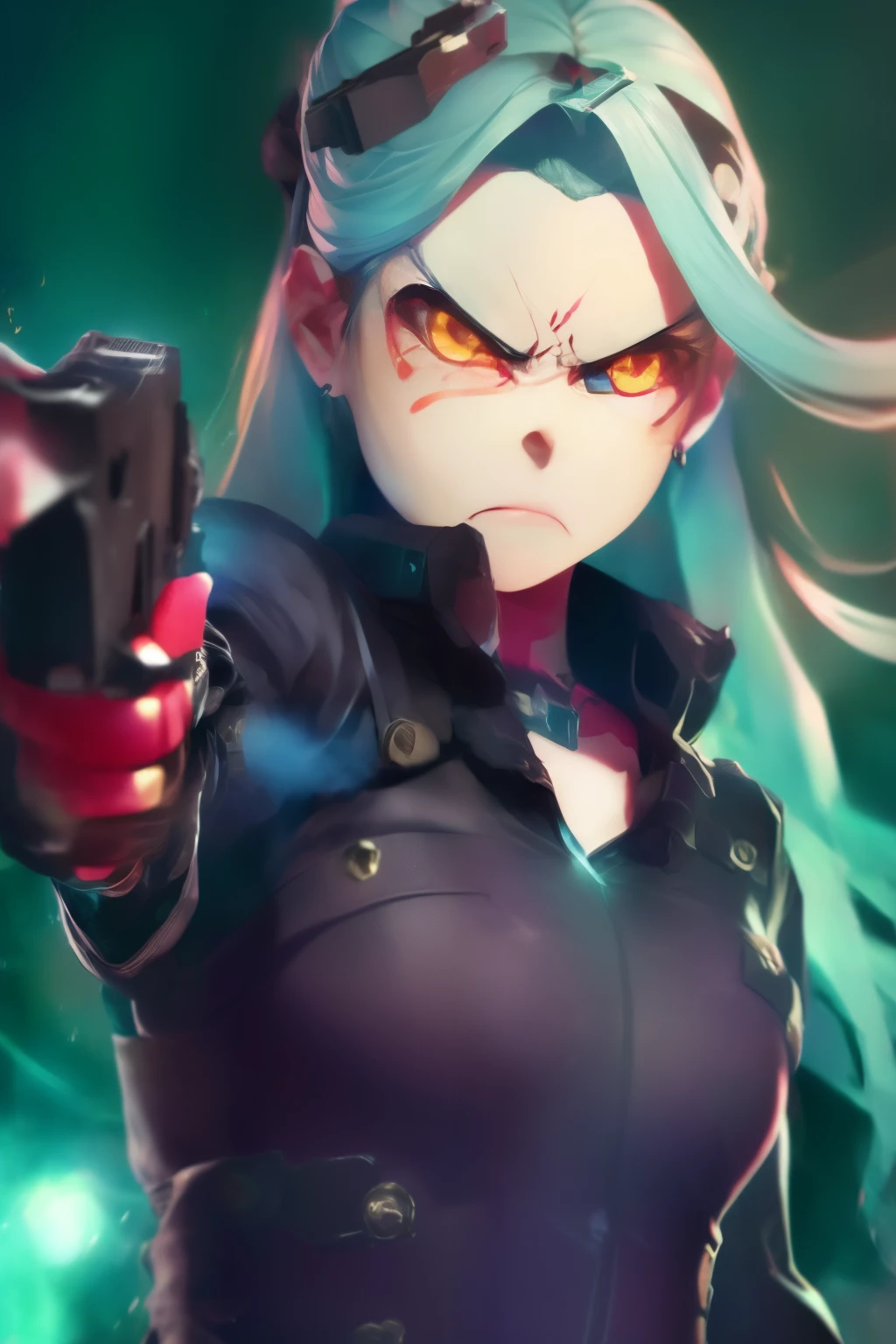 Rebecca, 1girl, (((Showing hands, holding  Gun, angry face , detailed face))). Detailed, best quality, 4K.