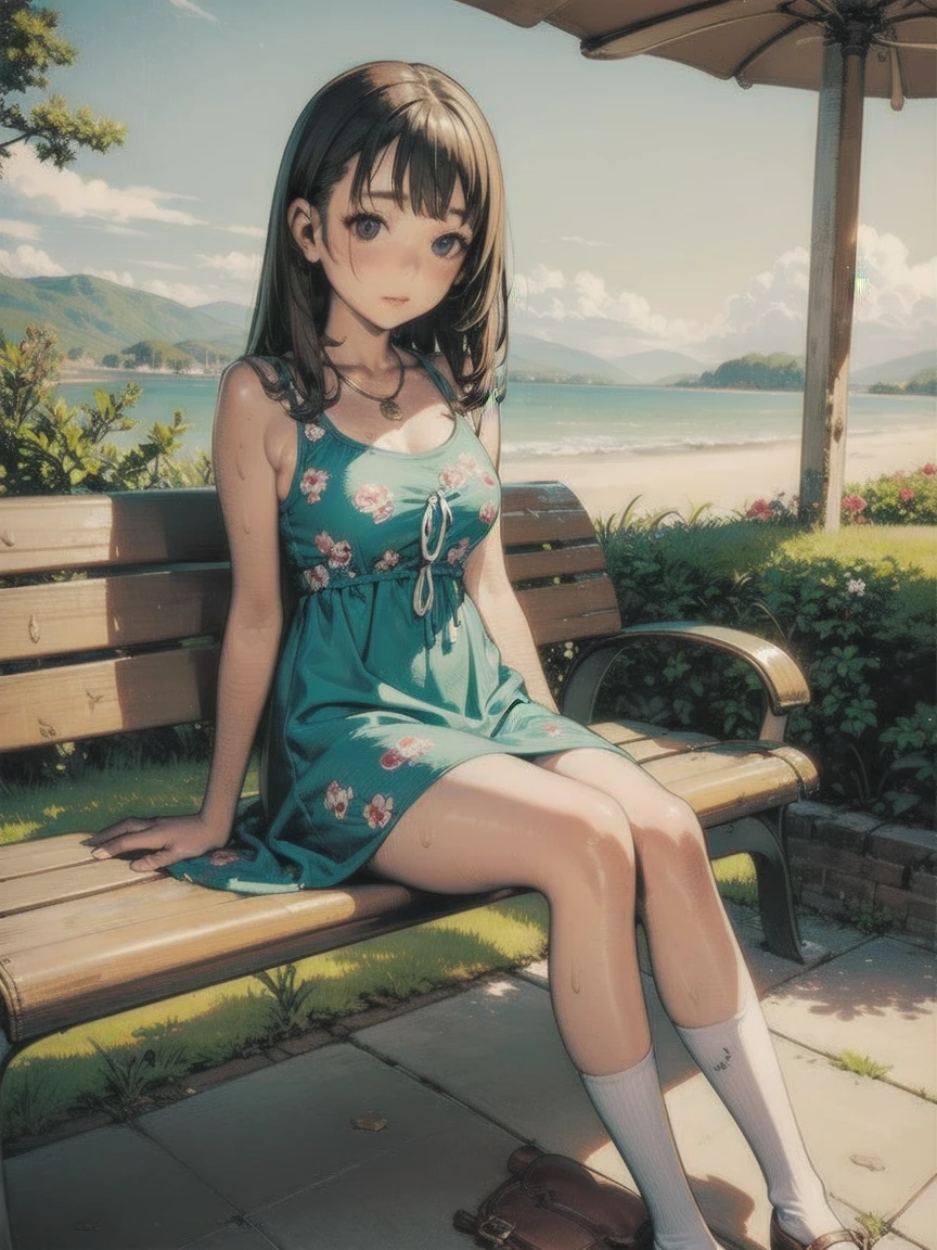 Best Quality, A woman was sitting on a bench , summer_ dress, dogs printed in the  dress