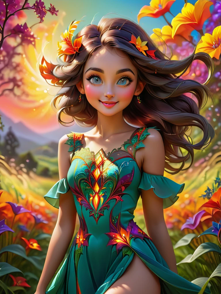 a fractal girl in a sunset garden, (smiling:0.6) barefoot, vibrant colors, intricate detailed fractal patterns, beautiful detailed eyes, beautiful detailed lips, extremely detailed face and skin, long eyelashes, (best quality,4k,8k,highres,masterpiece:1.2),ultra-detailed,(realistic,photorealistic,photo-realistic:1.37),colorful fantasy landscape, dreamlike, ethereal, glowing, cinematic lighting, dramatic shadows, vivid colors, highly detailed