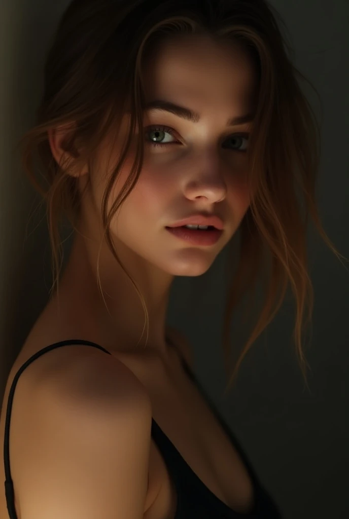 (((ultra realistic))) Photo, masterpiece, top quality, (pale skin LaGermania), (Ultra detailed face and eyes:1.2), Bright yellow eyes,  1 girl, naked, (Eye makeup, mascara), (plump detailed lips), ((Dark wavy hair)) , ((Stylish hairstyle)) , (Natural breasts). ((Posing)), photoshoot, studio (Contour lighting), (The play of light and shadows), depth of field, bokeh, (special attention to skin detail: 1.2), Detailed leather texture, skin pores. ((Dark and gloomy atmosphere of the frame. color scheme - black, Gray, ash tones)), ((Film grain, VHS effect)), ((rays)) , ((flare)), ((portrait, close to the camera, view from above)) , ultra detailed, 