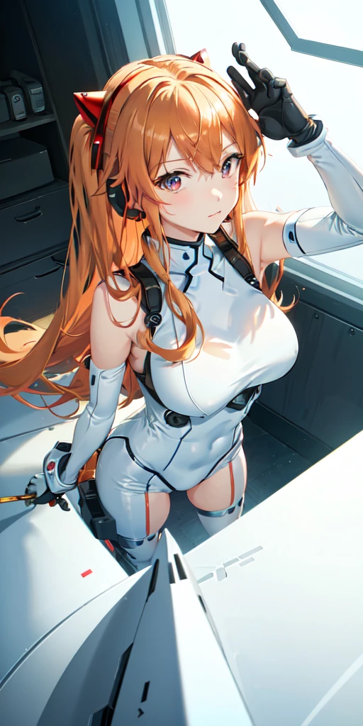 (Overhead view),dynamic angle,ultra-detailed, illustration, close-up, straight on, 1girl, 
 ((souryuu asuka langley, interface headset, red bodysuit:1.4, blonde)),Her eyes shone like dreamy stars,(glowing eyes:1.233),(beautiful and detailed eyes:1.1),(expressionless,closed mouth),(standing), 
(mechanic room with toolsand spaceship windowin a white SPACESHIP),
(night:1.2),dreamy, [[delicate fingers and hands:0.55]::0.85],(detail fingers),