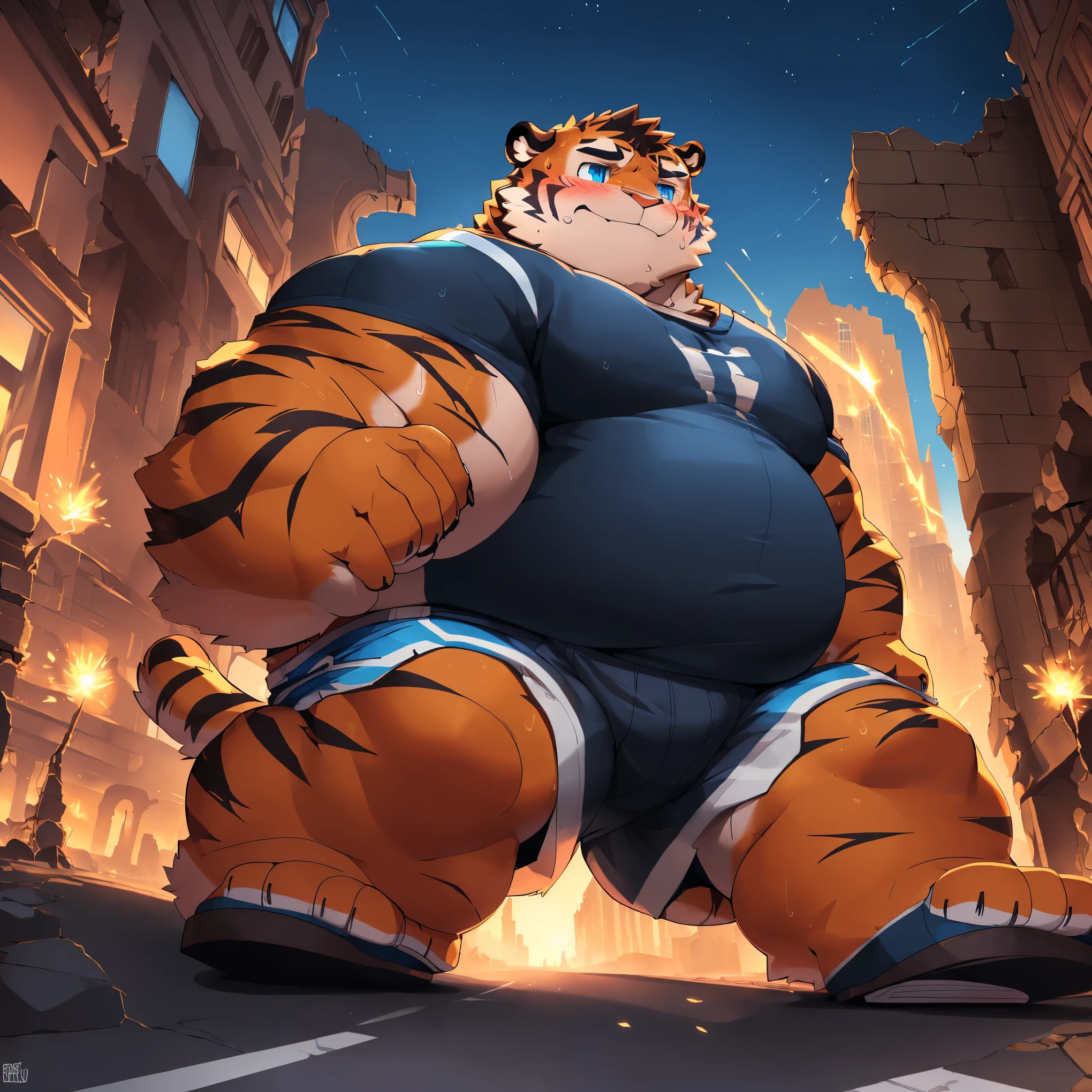 New Jersey 5 Pelzig,Tiger,Lonely,pummelig,Fat,thick arms, Sturdy muscles ,Shorts,Orange plush fur,pummelig Face, black eyebrows , sky blue eyes ,bart,(casual clothing),(Blush),(sweat),Night, Pinch your face with both hands,Chin on both hands , (massiv:3.0, (, heavyweight,stark,Macro, emphasize the huge size, Stepping on the ruins )), background ((Building, raise small spoke ,the little sparks, the crack in the road)),Deep perspective