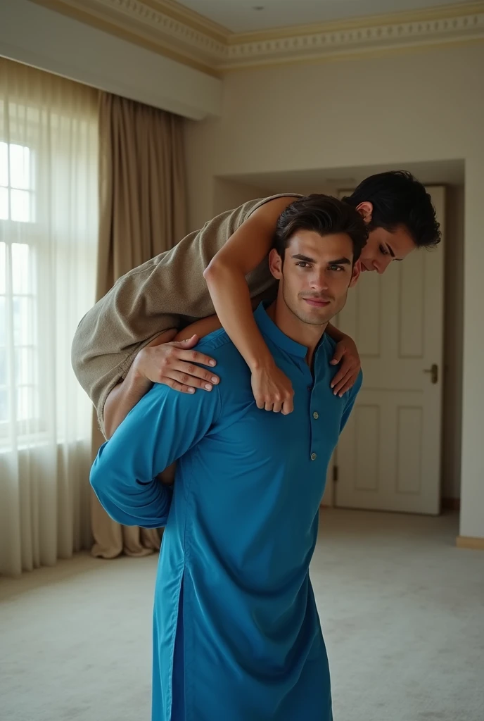 A muscular man with orange soft hair is hugging a man in a blue shirt with black hair.