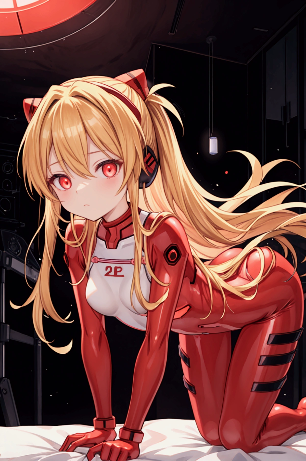 (俯瞰figure),dynamic angle,super detailed, figure, close, straight, 1 girl, 
 ((Soryu Asuka Langley, interface headset, purple bodysuit:1.4, blonde)),Her eyes shone like dream-like stars,(shining eyes:1.233),(beautiful and detailed eyes:1.1),(No expression,closed mouth),(Are standing), 
(Maintenance room with tools and spaceship windows inside a white spaceship),
(night:1.2),dream-like, [[delicate fingers and hands:0.55]::0.85],(finger details),