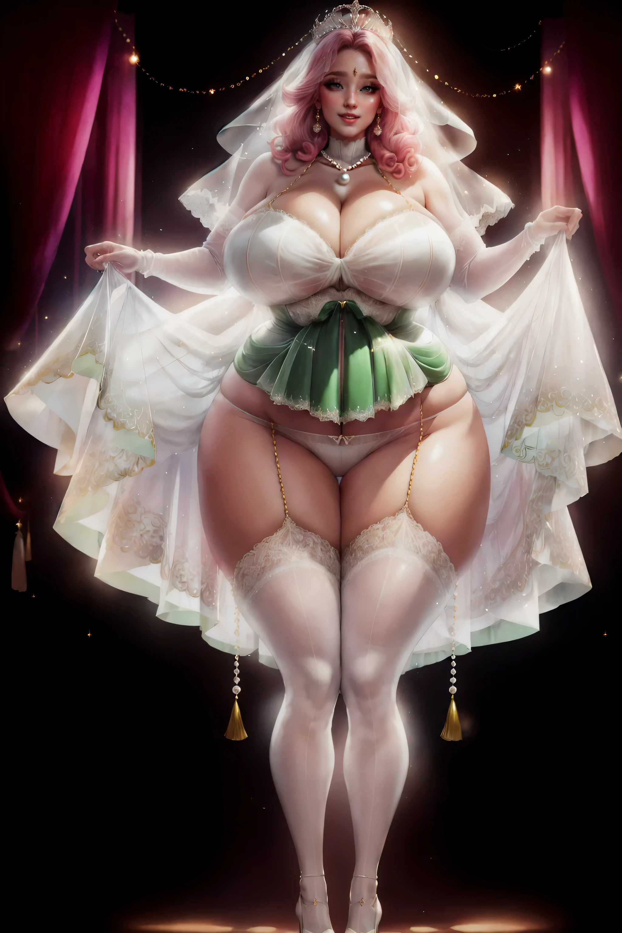 Middle-aged French tall and thick woman,French faces, smiling and jumping,, beautiful diamond crown, realistic crown,Delicatemakeup,curvesious body tall and thick woman,Sexy and feminine,grin,Wrinkles at the corners of the eyes,with long coiled long hair,White veil,loose skin,Large sagging breasts,Towering breasts,Thin waist with wide hips,White pearl necklace,Green lace bra,white see-through panties,pink stockings,White heels,Tall and tall,Stand up,Open jumping posture