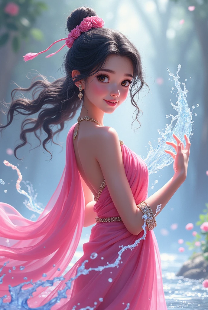 [Emma Watson: Selena Gomez: 0.5] with translucent saree with sleeves, laughing, Colorful colors, surrounded by water bubbles, in the style of Kawacy, Masterpiece, Oil painting drawn in anime style, head close - up, exaggerated perspective, Tyndall effect, water drops, mother - of - pearl iridescence, Holographic white,UHD