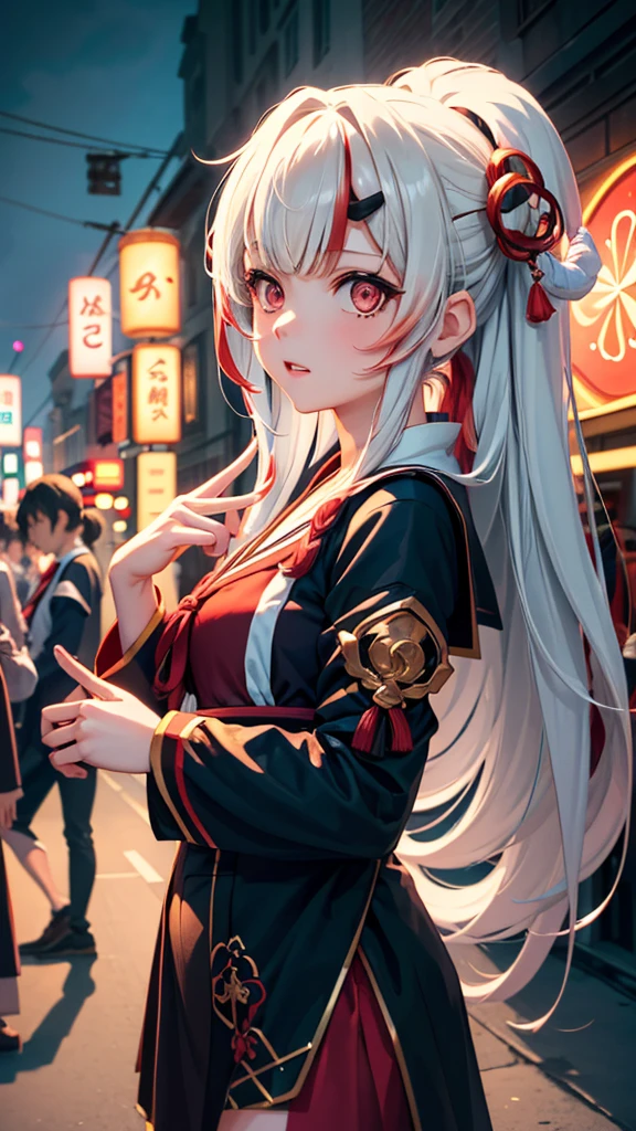  in the bustling streets of Gintama ，Wearing school uniform， a beautiful woman wearing hot girl makeup , There are vendors all around,  portrait of a beautiful goddess girl,  beautiful detailed face , Porcelain Skin , Half-length portrait, Center,(He is black ,Umbilical cord:1.2),((moonlight,night,Big neon sign, strong neon ,Wheel lighting,Two-tone lighting))),