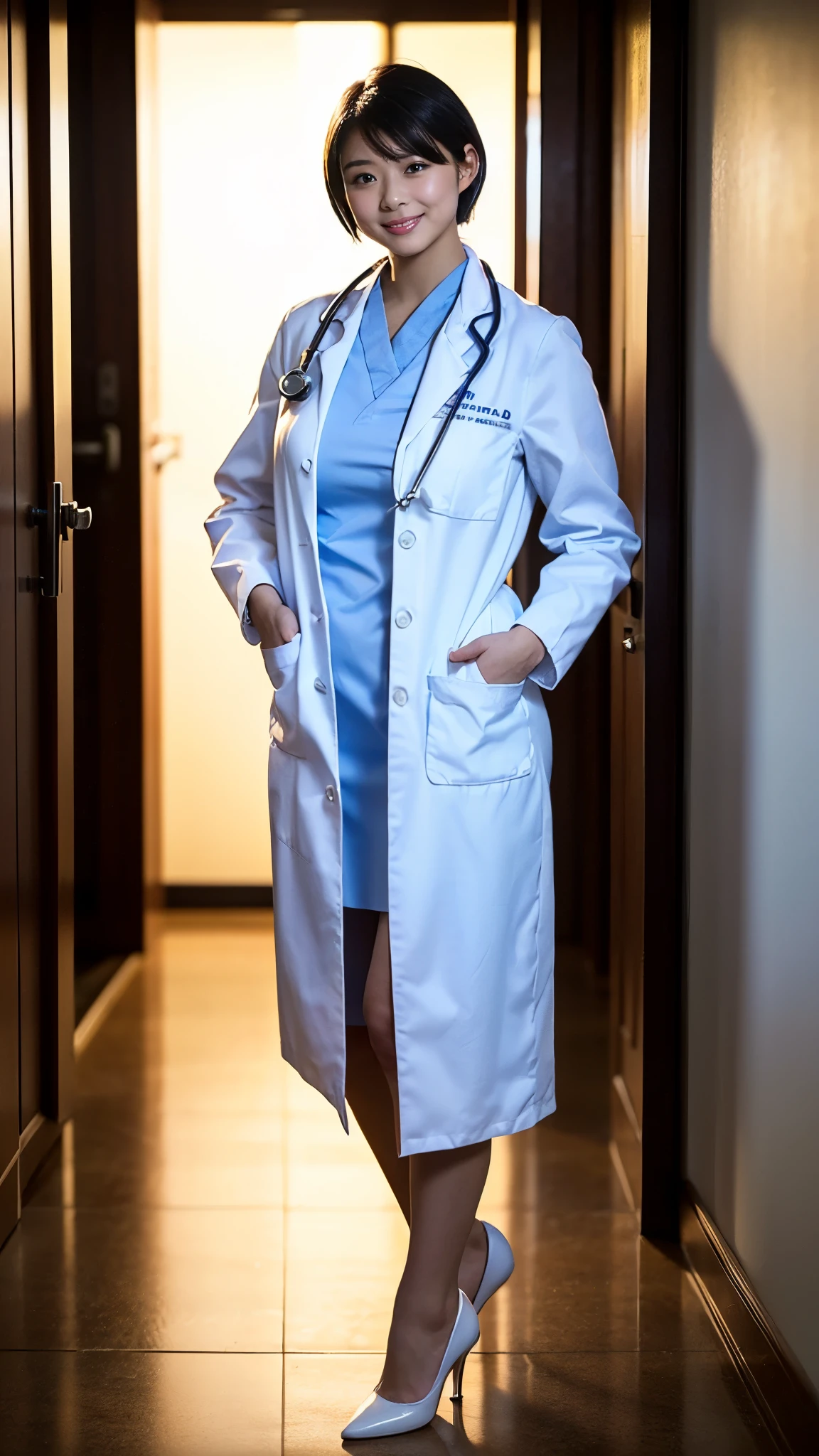 Best Quality,masterpiece, Ultra High Definition , highdefinition RAW color photo, professional photos , natural skin texture, fine skin, Hyperrealism , Japanese Women,(smile, short cut hair, High Heels ,((Female doctor,White,white doctor uniform ), white hospital hallway)),Big Breasts