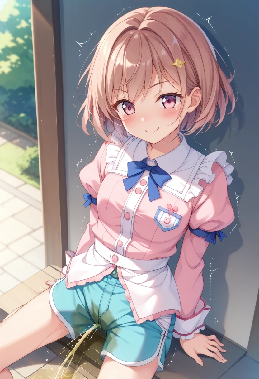 female、High image quality、Brown short hair、shorts、Clothes with buttons、Downward-slanting eyebrows、smile、blush、puff sleeves、pink clothes、(Diapers)、(膨らんだDiapers)、(Pee)、((Peeing))、Trembling