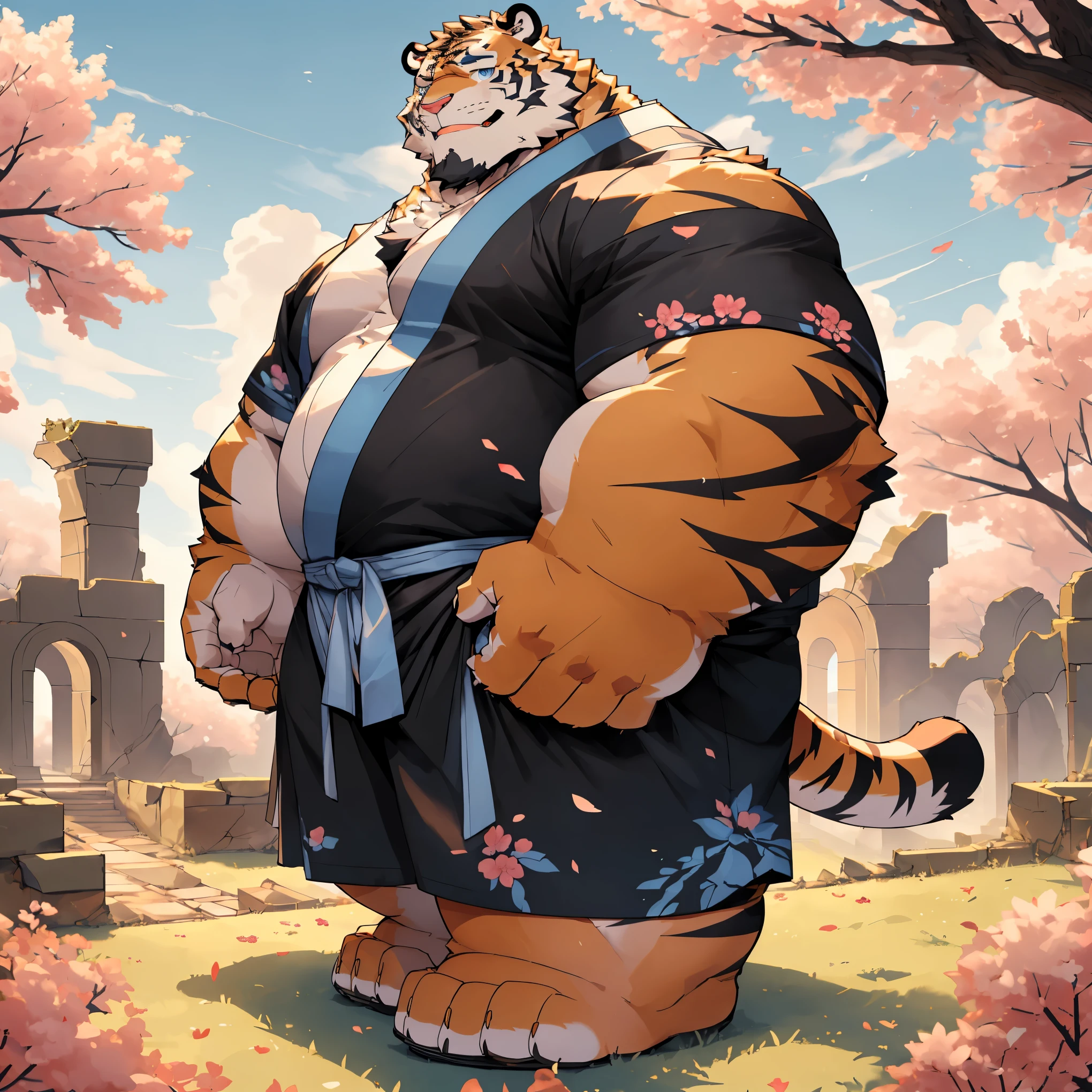 New Jersey 5 Pelzig,Tiger,Lonely,pummelig,Fat,thick arms, Sturdy muscles ,Shorts,Orange plush fur,pummelig Face,  black eyebrows  , sky blue eyes ,bart,  (black kimono),smile， Under the cherry trees，Colourful cases , (massiv:3.0,large (ro, heavyweight,stark,Macro, emphasize the huge size,  Stepping on the ruins ))