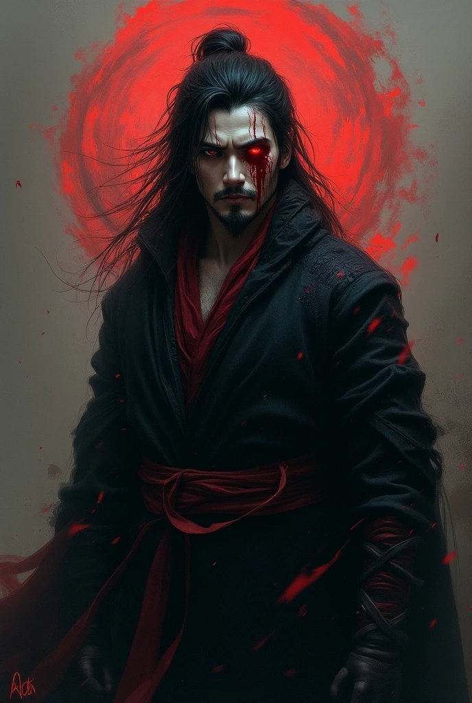 malcolm liepke painting on sensual illustration of an elegant samurai, riot games concept art beauty, eerie, the model draped in flowing, thick oil painting, extremely soft colors, vibrant, highly detailed, , oil on linen,  high contrast, dramatic, refined, tonal, a close up of a man with a bloody face and red eyes, with glowing red eyes, with red glowing eyes, red glowing eyes, portrait demon half human, red eyes glowing, glowing red eyes, cyborg zombie, scary look, portrait of a zombie, with red eyes, zombie with white eyes, evil zombie, red - eyed, red-eyed