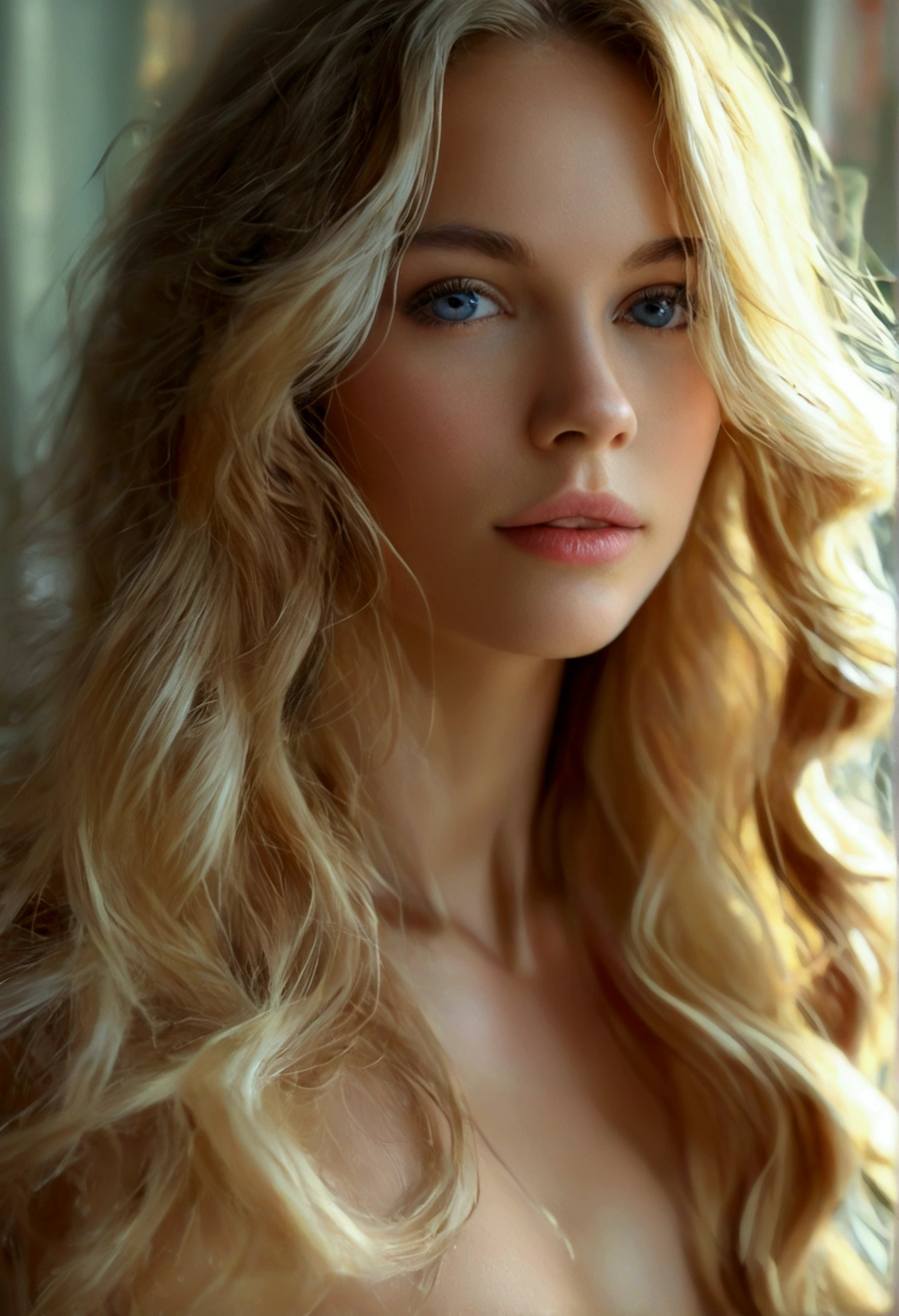 A beautiful blonde female, detailed face, big breasts, ultra realistic long blonde hair, volumetric hair, photo-realistic, 8k, masterpiece, textured skin, highly detailed, naked, nude, blurred background,