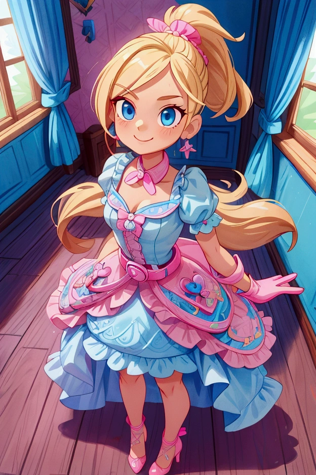 "Masterpiece, best quality, Piper from Brawl Stars, blonde long hair, ponytail in hair, blue eyes, standing indoors with intricate details and sunlight. Blue frilled dress with short neckline, pink gloves, pink belt, earrings, blue heels. Sweet smile, sexy pose, coquette, beautiful legs, mature body, gorgeous."