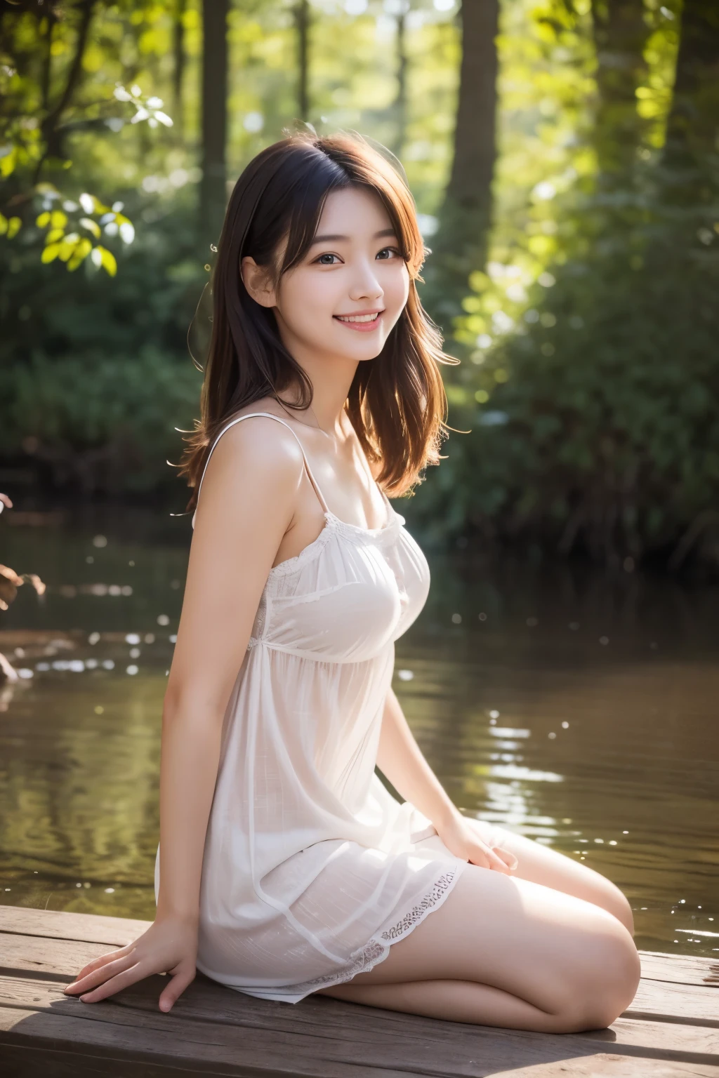 A beautiful 20 year old girl is sitting in the mud, her transparent clothes are dirty by the mud.. background of rice fields
