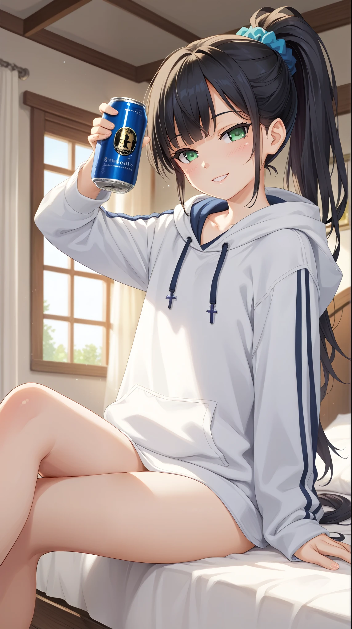 ((Best Quality)),((masterpiece)),((detailed)), Beautiful girl anime style, (midnight sky), bedroom, Subdued lighting effect, Sitting on the bed, 1 girl, looking at viewer, 20 yo, drunk, too thin body, pale skin, ((flat chest)), slanted eyes, long hair, black hair, green eyes, Joyous smile, ponytail, tying hair blue scrunchie, clothed, long White hoodie, (Hold only one beer can), cross legs,