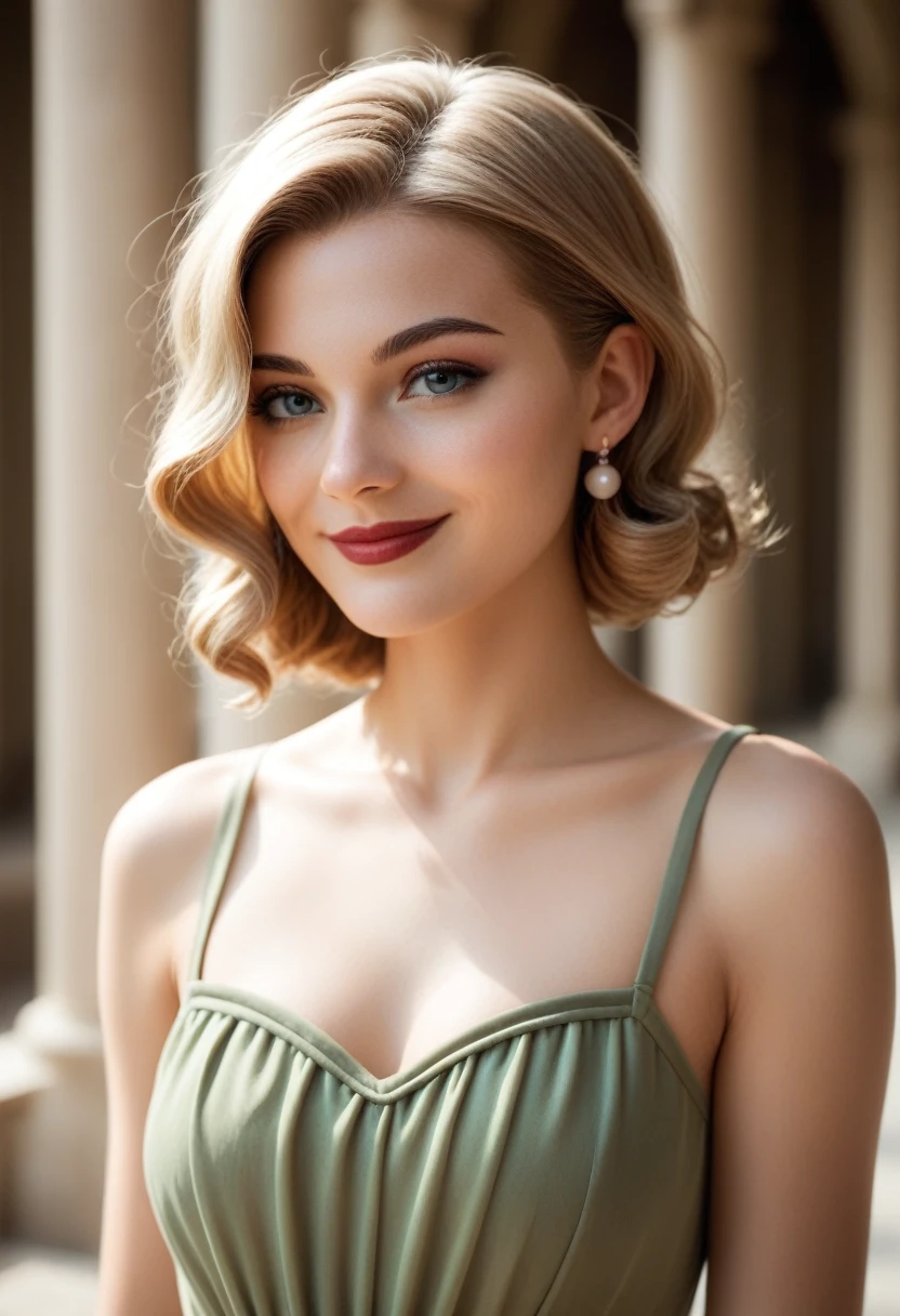 A portrait photograph of a woman with shoulder-length, wavy reddish-brown hair. She has striking eyes accentuated by makeup, defined eyebrows, and eyeliner. in front of an aged building entrance. Her expression is cute and engaging as she looks directly at the camera. cinematic film still, SMILE, shallow depth of field, vignette, Very detailed, cinemascope, moody, amazing, beautiful, colonial dress, perfect body, blonde hair, defined, defined, ultra realistic,A portrait photograph of a woman with shoulder-length, wavy reddish-brown hair. She has striking eyes accentuated by makeup, defined eyebrows, and eyeliner. in front of an aged building entrance. Her expression is cute and engaging as she looks directly at the camera. cinematic film still, SMILE, shallow depth of field, vignette, Very detailed, cinemascope, moody, amazing, beautiful, colonial dress, perfect body, blonde hair, defined, defined, ultra realistic,