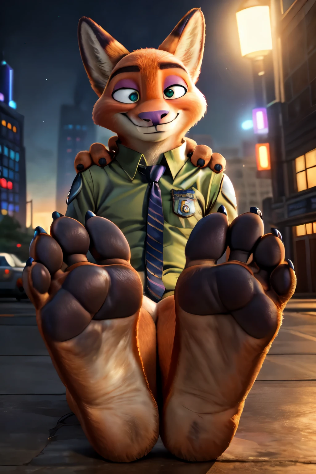 handsome,Nick Wild,Zootopia ((black foot soles)) ((blacksoles))  wearing a pale green buttoned shirt, ,eyes with a mischievous glint, dark blue eyes, average build, good eyes, warm lighting, 8k semi realistic, legs up against shoulders, small grin, barefoot ((small claws on toes)) ((five toes)) ((black soles)) (fox tail) ((legs up against shoulders)) ((Nick Wild)) (paws) (four toes)) (five toes)) ((black pawpads)) ((black claws)) ((City background from Zootopia)) (four toes))