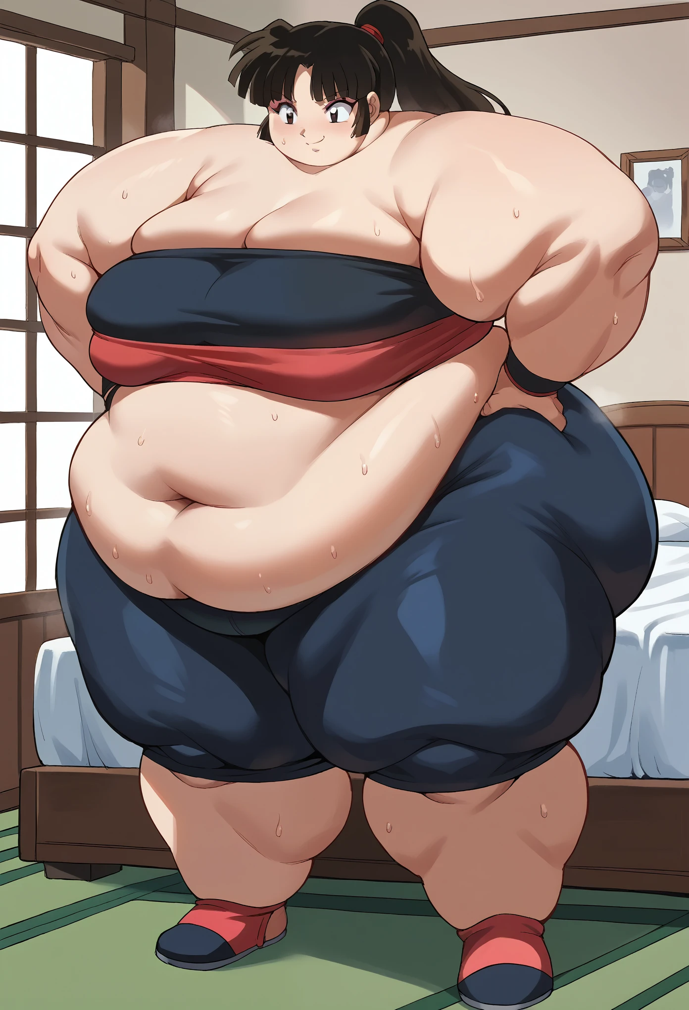 score_9, score_8_up, score_7_up, source_anime BREAK 1girl, Sango, ganryu, tube top, black bike shorts, bedroom, smile, sweating, growing fatter, fat, chubby, obese, full body shot, gigantic arms and legs, 