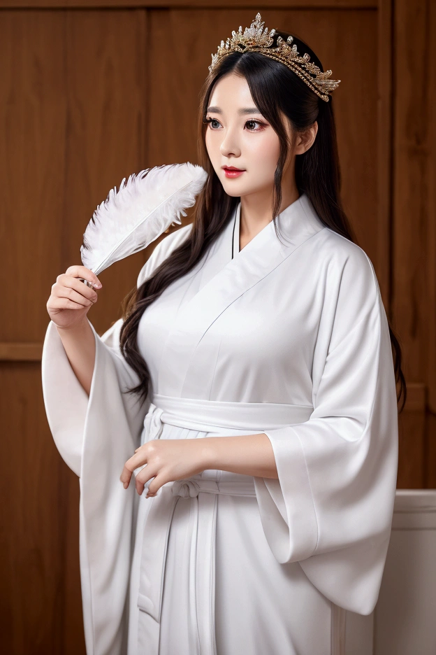 A middle-aged teacher，Dressed in a white robe，Feather fan in hand， with a majestic general in the background, military camp characters from the Three Kingdoms period are simple and retro