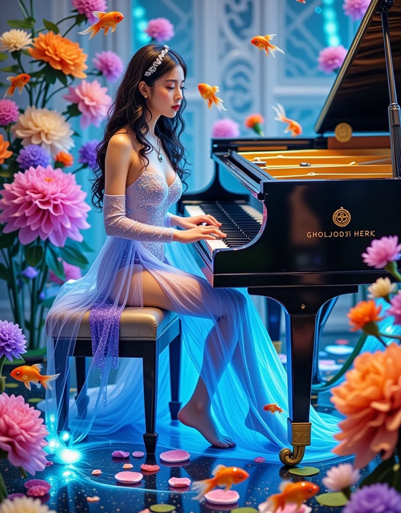 a vibrant photograph featuring a young Asian woman seated at a grand piano. She has long, wavy dark hair and a fair complexion. She is dressed in a sheer, ethereal gown made of translucent fabric adorned with iridescent sequins and beads, giving it a shimmering, almost magical appearance. The gown has thin straps and a low back, revealing a delicate, slender physique. The woman's expression is serene and contemplative as she gazes at the piano keys. The piano is positioned centrally in the image, with its lid slightly open, and is illuminated by soft, blue light, adding a mystical ambiance. Surrounding the piano are lush, colorful floral arrangements, including roses, orchids, and other exotic blooms, which add a touch of elegance and sophistication. The background features a glass enclosure with intricate, geometric patterns, hinting at an upscale, possibly futuristic setting. Small, shimmering goldfish swim around the piano, adding a whimsical element to the scene. The overall color palette is dominated by blues, purples, and vibrant hues, with a rich, dreamy quality that transports the viewer into a surreal, enchanting world. The photograph is highly detailed, capturing the textures of the fabric, the delicate petals of the flowers, and the reflective surface of the piano, enhancing the immersive quality of the scene.