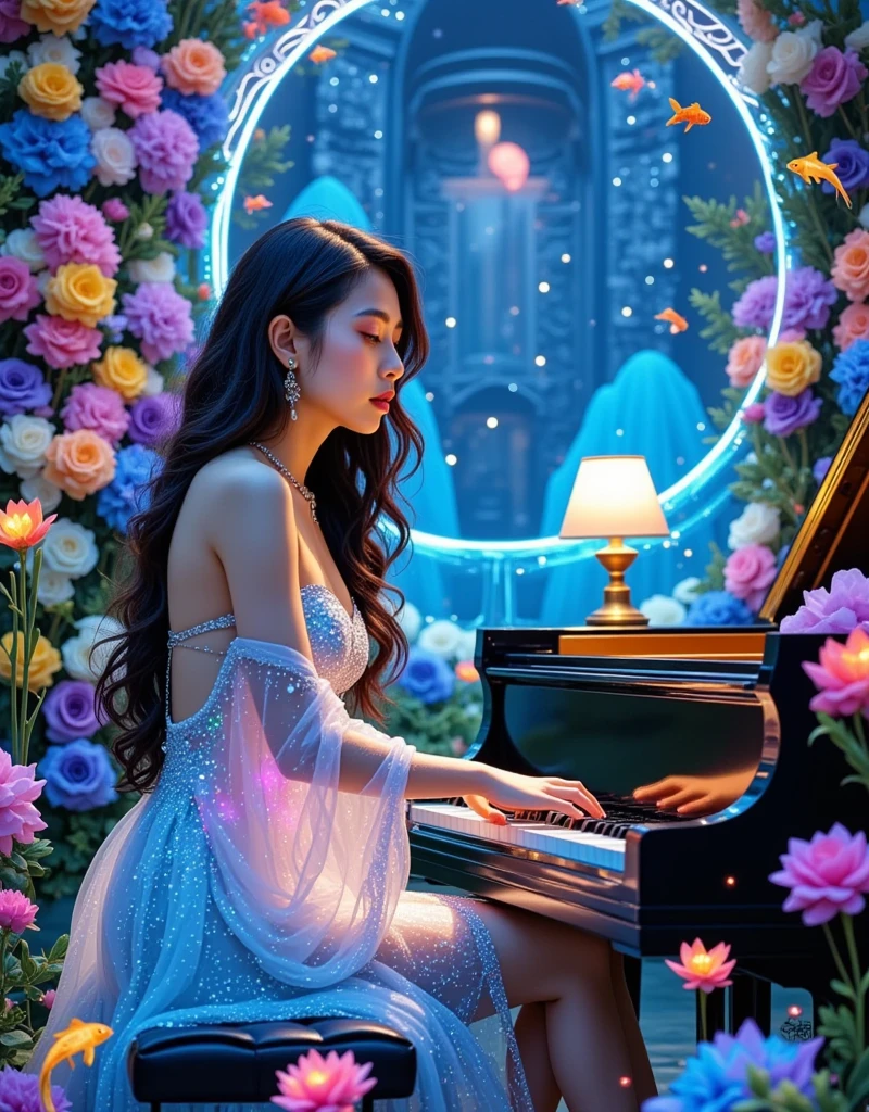 a vibrant photograph featuring a young Asian woman seated at a grand piano. She has long, wavy dark hair and a fair complexion. She is dressed in a sheer, ethereal gown made of translucent fabric adorned with iridescent sequins and beads, giving it a shimmering, almost magical appearance. The gown has thin straps and a low back, revealing a delicate, slender physique. The woman's expression is serene and contemplative as she gazes at the piano keys. The piano is positioned centrally in the image, with its lid slightly open, and is illuminated by soft, blue light, adding a mystical ambiance. Surrounding the piano are lush, colorful floral arrangements, including roses, orchids, and other exotic blooms, which add a touch of elegance and sophistication. The background features a glass enclosure with intricate, geometric patterns, hinting at an upscale, possibly futuristic setting. Small, shimmering goldfish swim around the piano, adding a whimsical element to the scene. The overall color palette is dominated by blues, purples, and vibrant hues, with a rich, dreamy quality that transports the viewer into a surreal, enchanting world. The photograph is highly detailed, capturing the textures of the fabric, the delicate petals of the flowers, and the reflective surface of the piano, enhancing the immersive quality of the scene.