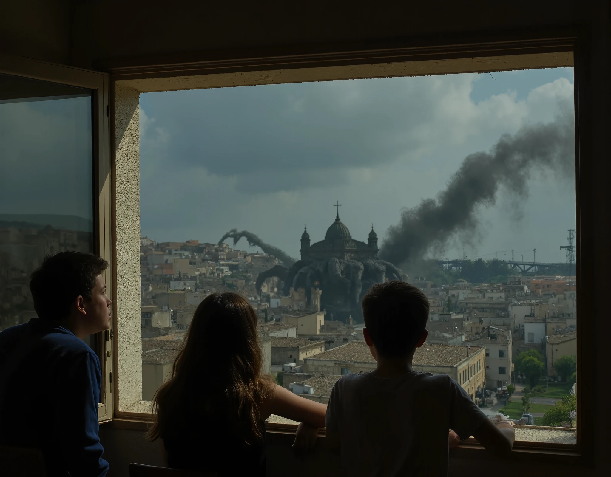 (indoor). The scene of a family at home that sees from the window A giant demonic dark shadow dominates and envelops like a fog the city of Matera, (dark shadow, terrifying hands of the demon envelop the houses, fog and gloomy atmosphere characterizes the scene). highest quality, photorealistic image, highres, UHD, dslr, 8K, sharp shadow