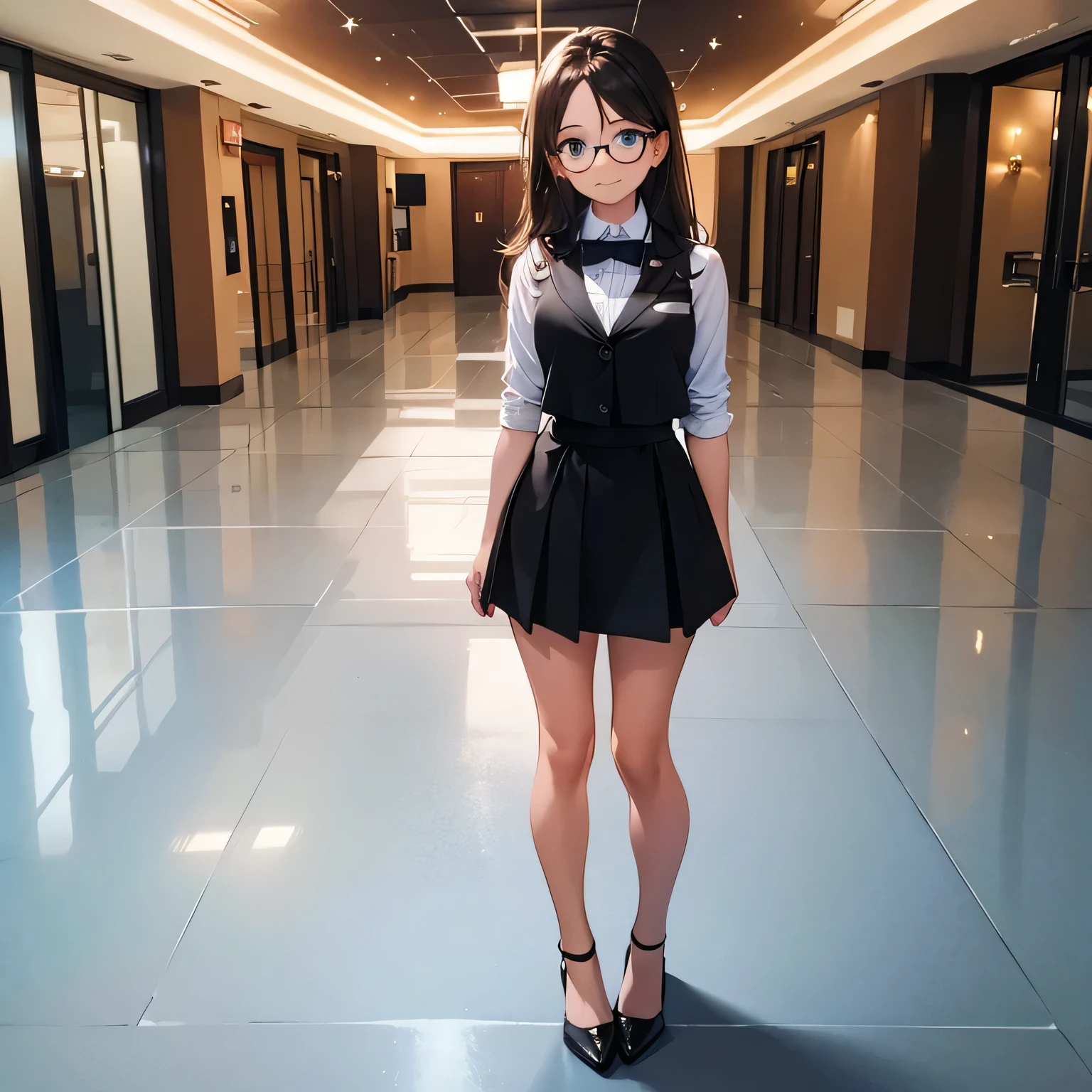 Best Picture Quality, Top Quality, 1080p, 8K, Masterpiece, First Class, (Perfect Face), Attention to Detail, One Person, (Full Length), Front View, One Girl, Standing, Facing Viewer, Looking at Viewer, Arms Out to Side, White Shirt, Black Vest, Black Tie, Black Skirt, Leather Shoes long dark brown hair, (sparkling eyes), beautiful eyes, glasses, mirissa, in casino, gorgeous style, indoors