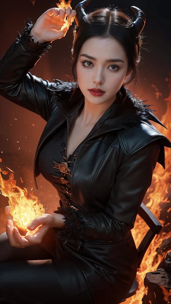   High image quality,    Anatomically Accurate  ,  Ultra High Definition,    textured skin around the chest  , woman、((  Her short black hair is parted in the middle  )), (( Black horns growing on his head)),   (((  Composition of the moment she unleashes her magic ))), Fire Magic、Muscular、((The background is a scene engulfed in flames  )), (  She is cosplaying as Maleficent ), (((   gothic makeup   ))),Alone,  glance , 