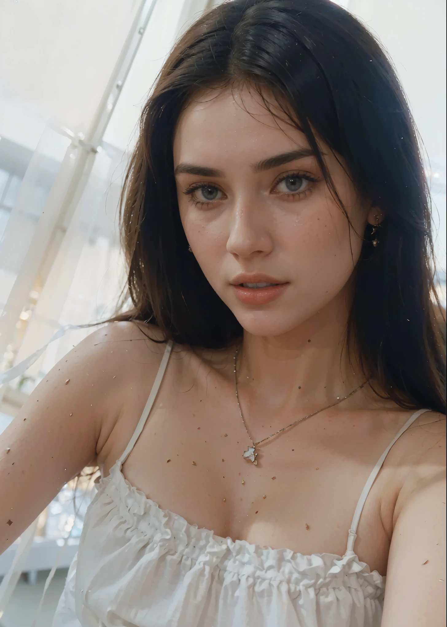 ultra realistic 8k cg, (hd background, delicate pattern, intricate detail, highly detailed, fine details), best quality, (photorealistic:1.4),beautiful lighting, absurdres, RAW photo, film grain, ((medium breasts, slim girl, close-up, portrait)), 1girl, solo, black hair, long hair, (blue eyes), ((slim girl, medium breasts)), cleavage, epaulettes, navel, midriff, blush, collarbone, (complex detailed background, blue sky, nature environment, close-up, portrait),stunning attractive figure, beautiful photo of sexy woman, looking seductively in front, black hair,ultra realistic 8K CG, masterpiece, ((white background, delicate pattern, intricate details)), (highly detailed, fine details), best quality, 1 girl, big breasts ), 1, white skin, feminine, charming, perfect body, standing on the floor,natural ilumination, too white skin, (close-up, editorial photograph of a 1 woman), (highly detailed face:1.4) (smile:0.7) (background inside white, private study:1.3) POV, by lee jeffries, nikon d850, film stock photograph ,4 kodak portra 400 ,camera f1.6 lens ,rich colors, hyper realistic ,lifelike texture, natural lighting , cinestill 800, natural makeup , too white skin, lovely, femenine, happy,absurdres, highres, ultra detailed, (ung beautiful girl, solo:1.1),breasts, black hair, earrings, midriff, cleavage, navel, long hair, blue eyes,groin,epaulettes, big breast, 18 years old woman, jennifer connelly, ana de armas, megan fox, too white skin, too young woman, ADAarmas, megf, j3n2i773r50-smf, pale skin, (special attention to skin detail: 1.2), Detailed leather texture, skin pores. (Airy atmosphere of the frame- delicate, white, UDR, ((Film grain)), ((waist up portrait, close to the camera)) , ultra detialed, (((ultra realistic))) Photo, masterpiece, top quality, (pale skin), (Ultra detailed face and eyes:1.3), lovely, perfect eyes, happy, lovely, femenine, hotel room, dark background, selfie