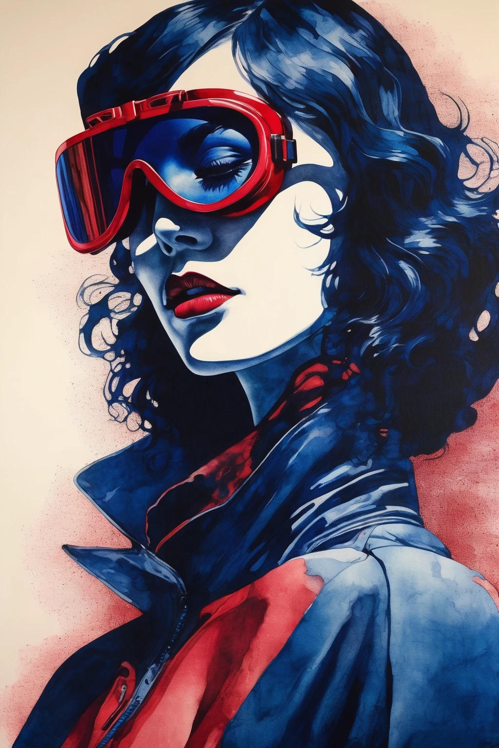 chiaroscuro technique on sensual illustration of a woman silhouette with blue indigo colours, vintage , eerie, matte painting, by Hannah Dale, by Harumi Hironaka,motocross goggles red colors
