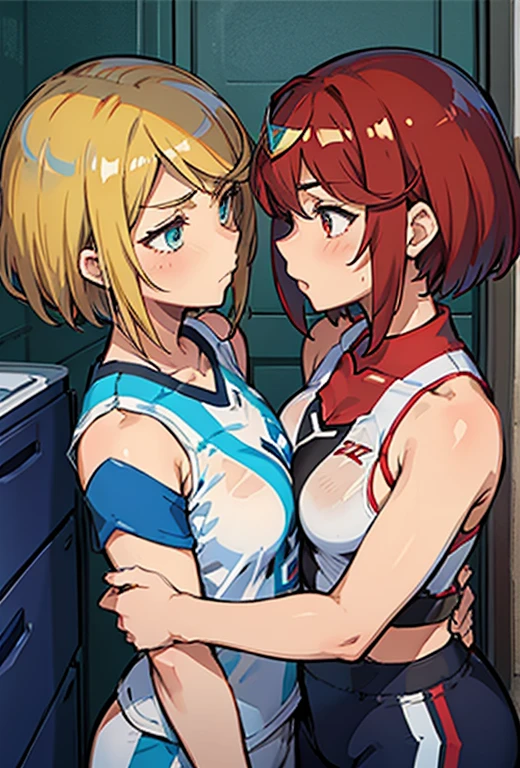 score_9, score_8_up, score_7_up, source_cartoon BREAK Arisugawa Natuha,1girl,large_breasts,black eyes,orange hair,long hair,ahoge, 1girl, 1boy, faceless male, hand on another's shoulder, standing, large breasts, blush, smile, embarrassed, size difference, muscular male, sports wear, sweat, heavy breathing
