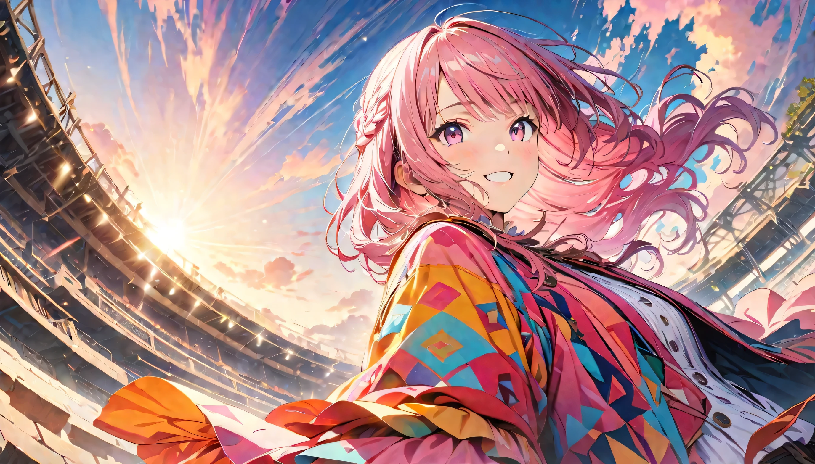 (masterpiece, Highest quality, Official Art:1.2), (colorful), Looking at the audience, One Girl, alone, (pink long hair, layered hair) and (pink eyes), Sky Background, spreading clouds, Ultra-fine illustrations, highly detailed, Dynamic Angle, beautiful detailed, 8K, smiling, (Highest quality, masterpiece, High resolution, detailed), Anime Style, Dynamic Angle