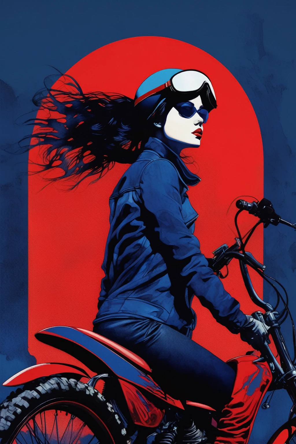 chiaroscuro technique  illustration of a woman silhouette with blue indigo colours, vintage , eerie, matte painting, by Hannah Dale, by Harumi Hironaka,motocross goggles red colorsriding a beta bike
