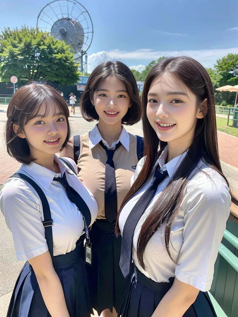 (A super cute Korean schoolgirl takes a commemorative photo with her three best friends:1.2)( is laughing:1.2)(Beautiful Sweat:1.1)(16k,  RAW Photos, Best Quality, masterpiece: 1.2),( A cute, glossy, dark brown bob cut is blown by the wind and swings softly:1.1) Super detailed,  super resolution, (Genuine, Genuine photos: 1.37), Portraiture,  High Resolution RAW Color Photo ,  professional photos ,  Very Detailed, 8k wallpaper,  Very Detailed CG Unity 8k wallpaper,  Very Detailed beautiful girls,  Very Detailed faces, ((whole body)), beautiful woman,  huge breasts,(huge boobs:1.1) ( big boobs:1.1), Beautiful schoolgirl (Cute school uniforms,School-designated summer short-sleeved shirt＆ red tie and shirt uniform ),high school girl, Korean,(K-POP Female Idols), (Idol-level beauty)(Beautiful high school girl:1.1)(In front of the triple waterwheel at an amusement park on a sunny day)(()(Date:1.2)(Group photo:1.2)