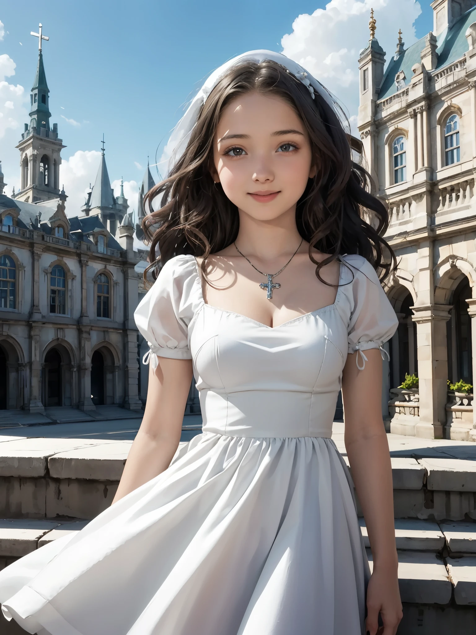 girl wearing fitted dress, BREAK, girl, simple fitted dress, (13yo, cute:1.6), (breasts), silver rosary necklace, medium wavy hair, looking at viewer, outdoor, front yard, historical building, detailed architecture, impressive realistic images, beautiful woman, black hair, smile sweetly, dimples, very soft, dressed in white, in the clouds, silver glitters around, cinematic,