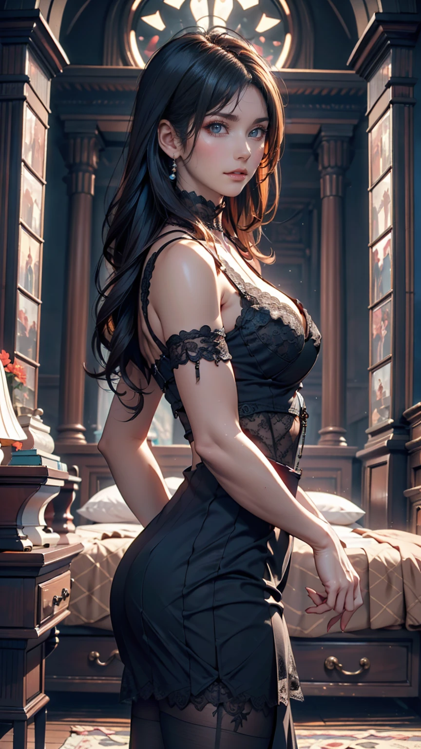 24-year-old woman、Sexy proportions、Sexy、Pearl Necklace、One-shoulder heart-cut jeweled all-lace tight mini dress