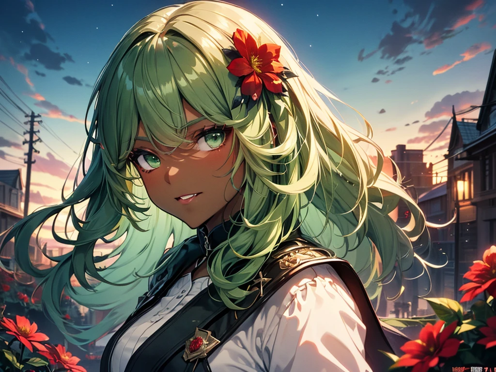 (solo:1.5)、(alone:1.5)、anime、Goblin female、(Dark green skin:1.5)、(Wear steel armor)、(Light green hair, curly wavy hair, long hair, green eyes)、(Red flower hair ornament:1.5)、Big Breasts、Lipstick Makeup、Eyeshadow Makeup、Pointed Ears、Bared Fangs、Muscular、Bloody、Starry Sky、Night Sky、Strong winds、UHD、masterpiece、correct answer、Super detailed、high detail、award、Best Quality、High resolution、8k、(Red flower garden), (クラウチング)、 full body standing picture