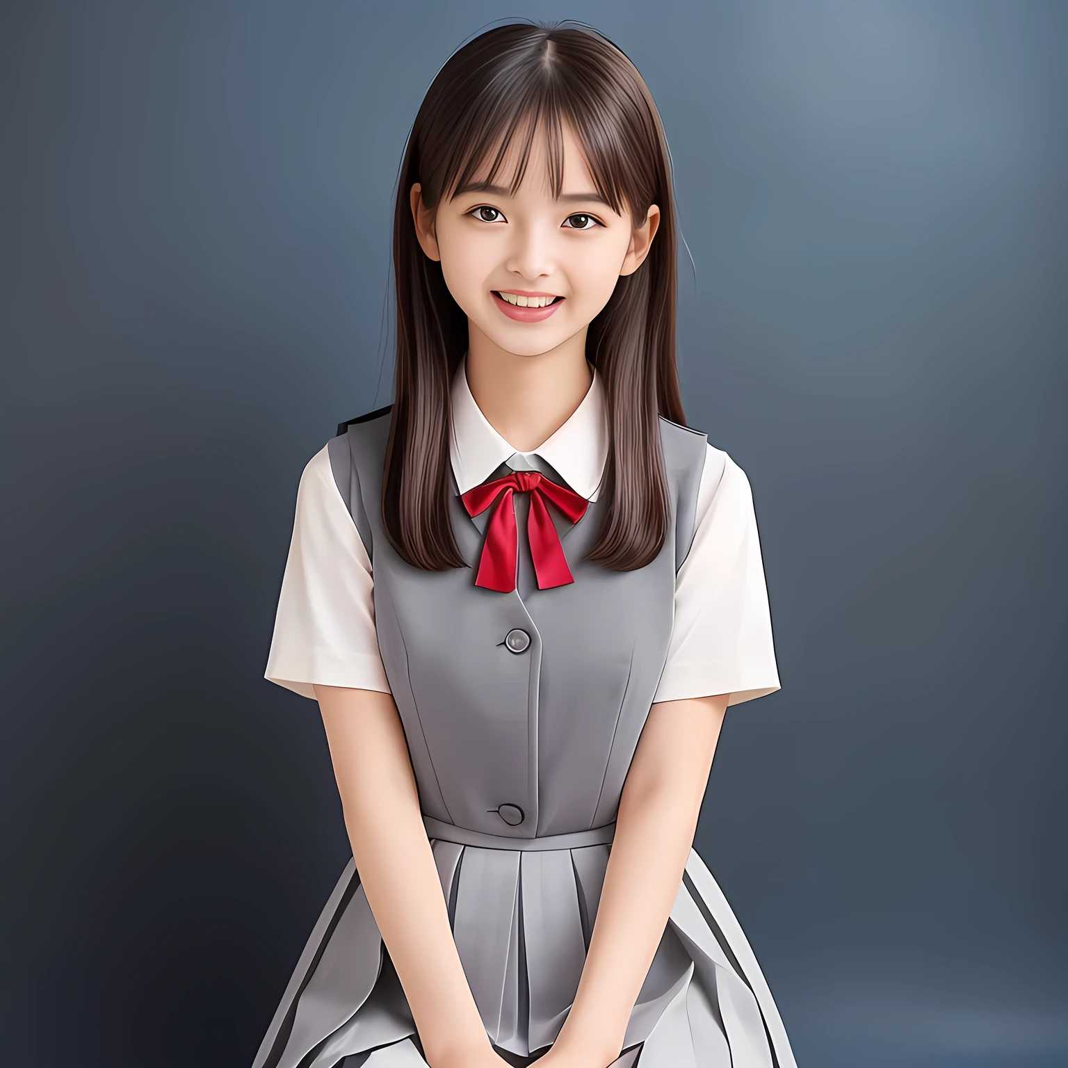 (Highest quality, masterpiece:1.2), Highest quality, High resolution, 1080P, 8k, height: 158cm, (A 13yo Japanese beautiful fashion model is seated, showing her palms, looking at the viewer, showing her cutest smile, very white face, using face-whitening cosmetics, prominent cool eyes, opened laughing giggling most open mouth, gray-gray-blue school summer uniform with gray-gray-blue vest and widely-boxed-pleats-short-skirt and silk blouse and red breast ribbon pulled by her hands, well-straitened super-super-long well-trimmed long hair: 1.5), (white thighs and knees: 1.7), (Well-balanced, prominent, lovely, drooping, double-eyelids, brown shiny large prominent eyes with detailed: 1.5), (gray-gray-blue school uniform with gray-gray-blue vest and boxed-pleats-skirt, short-sleeves silk blouse, glossy red breast ribbon: 1.5), ((Beautiful well-figured glossy opened lips like fortissimo soprano singer: 1.2)), (mature breast), (Girl whom everyone loves because of her beauty and beautiful eyes and lovely fashion and noble manner), (Very beautiful, glossy, cute neat black hair, straight well-done hair-style: 1.3), (Drives me crazy for her glossy neat hair and Make me fall into love), (plain blue background: 1.6), (Best style like a 13yo fashion model, mature breast), (((Completely balanced beautiful big big eyes, looking at me))), (eyes, face and hair are especially beautifully detailed and beautifully drawn: 1.5), (Satisfactory best shot by professional famous photographer for school girl's beauty: 1.5), (The soft white light clearly shows her face extremely white: 1.2), (Very soft laughing cheeks, very soft hands pulling the breast ribbon down, People who touch it feel eternal pleasure: 1.2), (13yo too much beautiful fashion magazine model: 1.8)