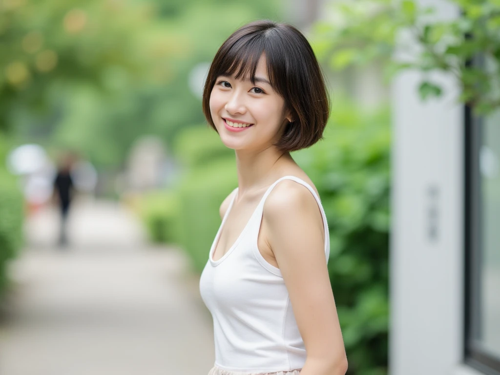  Japanese、woman、 Short Hair、Smile、profile、white colored clothes、 tank top 、 Miniskirt