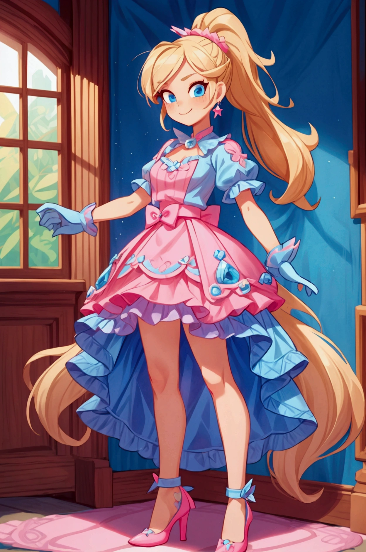 "Masterpiece, best quality, Piper from Brawl Stars, blonde long hair, ponytail in hair, blue eyes, standing indoors with intricate details and sunlight. Blue frilled dress with short neckline, pink gloves, pink belt, earrings, blue heels. Sweet smile, sexy pose, coquette, beautiful legs, mature body, gorgeous."