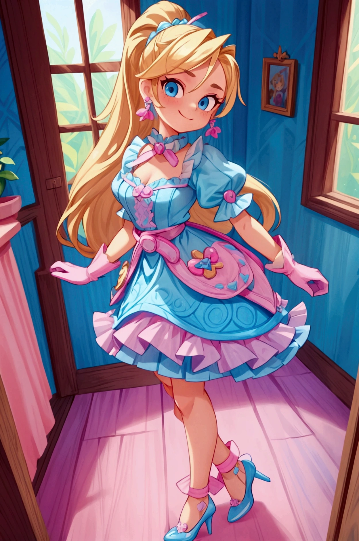 "Masterpiece, best quality, Piper from Brawl Stars, blonde long hair, ponytail in hair, blue eyes, standing indoors with intricate details and sunlight. Blue frilled dress with short neckline, pink gloves, pink belt, earrings, blue heels. Sweet smile, sexy pose, coquette, beautiful legs, mature body, gorgeous."