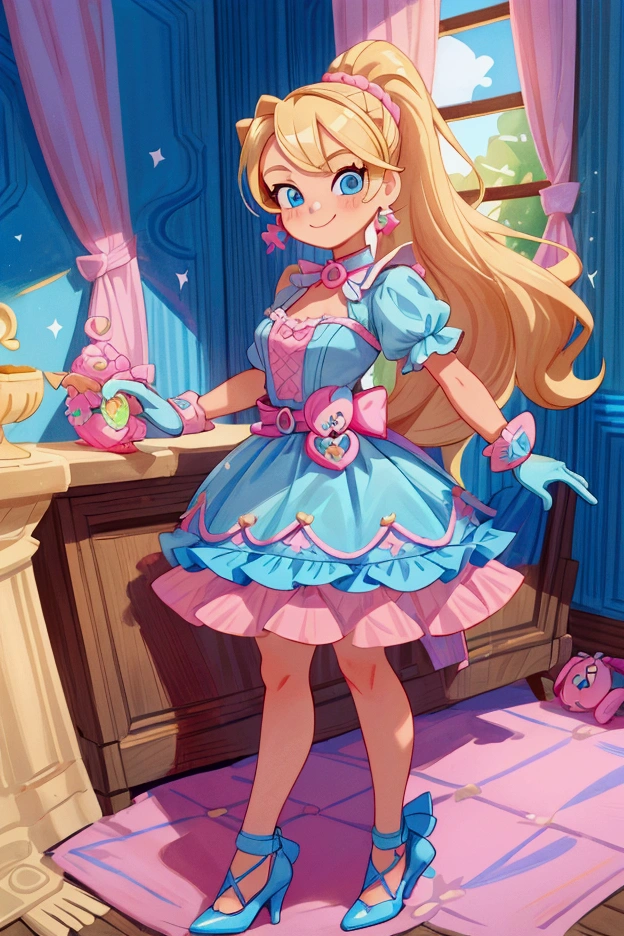 "Masterpiece, best quality, Piper from Brawl Stars, blonde long hair, ponytail in hair, blue eyes, standing indoors with intricate details and sunlight. Blue frilled dress with short neckline, pink gloves, pink belt, earrings, blue heels. Sweet smile, sexy pose, coquette, beautiful legs, mature body, gorgeous."