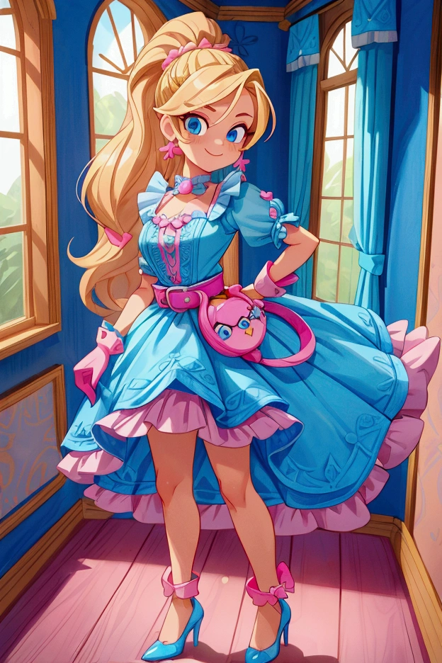 "Masterpiece, best quality, Piper from Brawl Stars, blonde long hair, ponytail in hair, blue eyes, standing indoors with intricate details and sunlight. Blue frilled dress with short neckline, pink gloves, pink belt, earrings, blue heels. Sweet smile, sexy pose, coquette, beautiful legs, mature body, gorgeous."