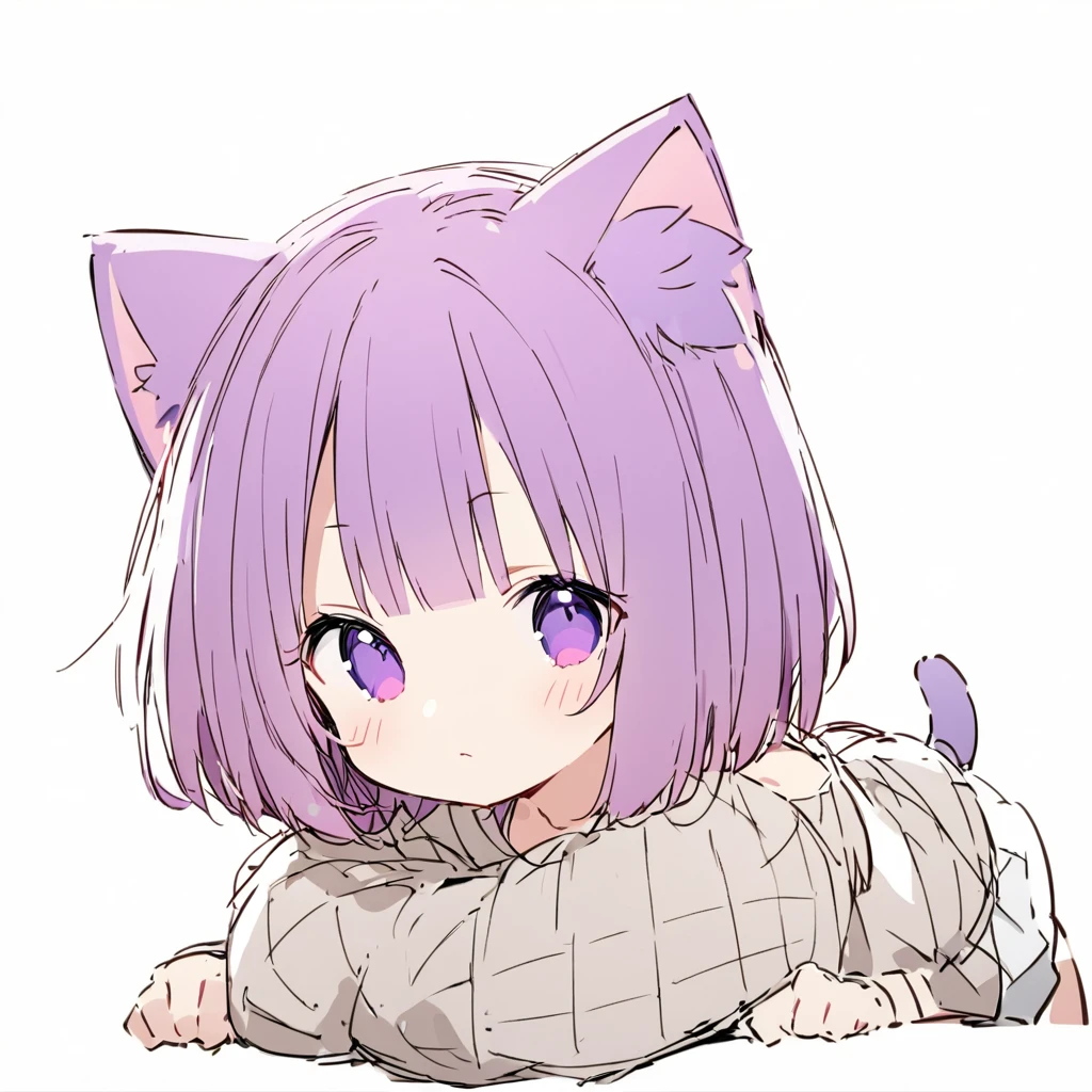 (sketch), (close), (), (Pink Cheeks), (purple Cat Ears), (Cute cat ears),purple, (Short Bob Hair:1.4), (purple eyes), (Big Hair) , (fringe),(knit off moe sleeve), (More about Strand),  (a cute pose), (White Background),