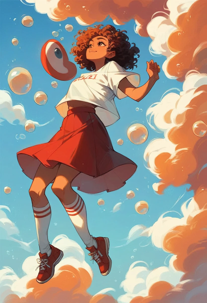 a beautiful African American girl, with short curly hair, a blue t-shirt, white shirt, red skirt, long socks, and shoes, floating in the sky, surrounded by bubbles