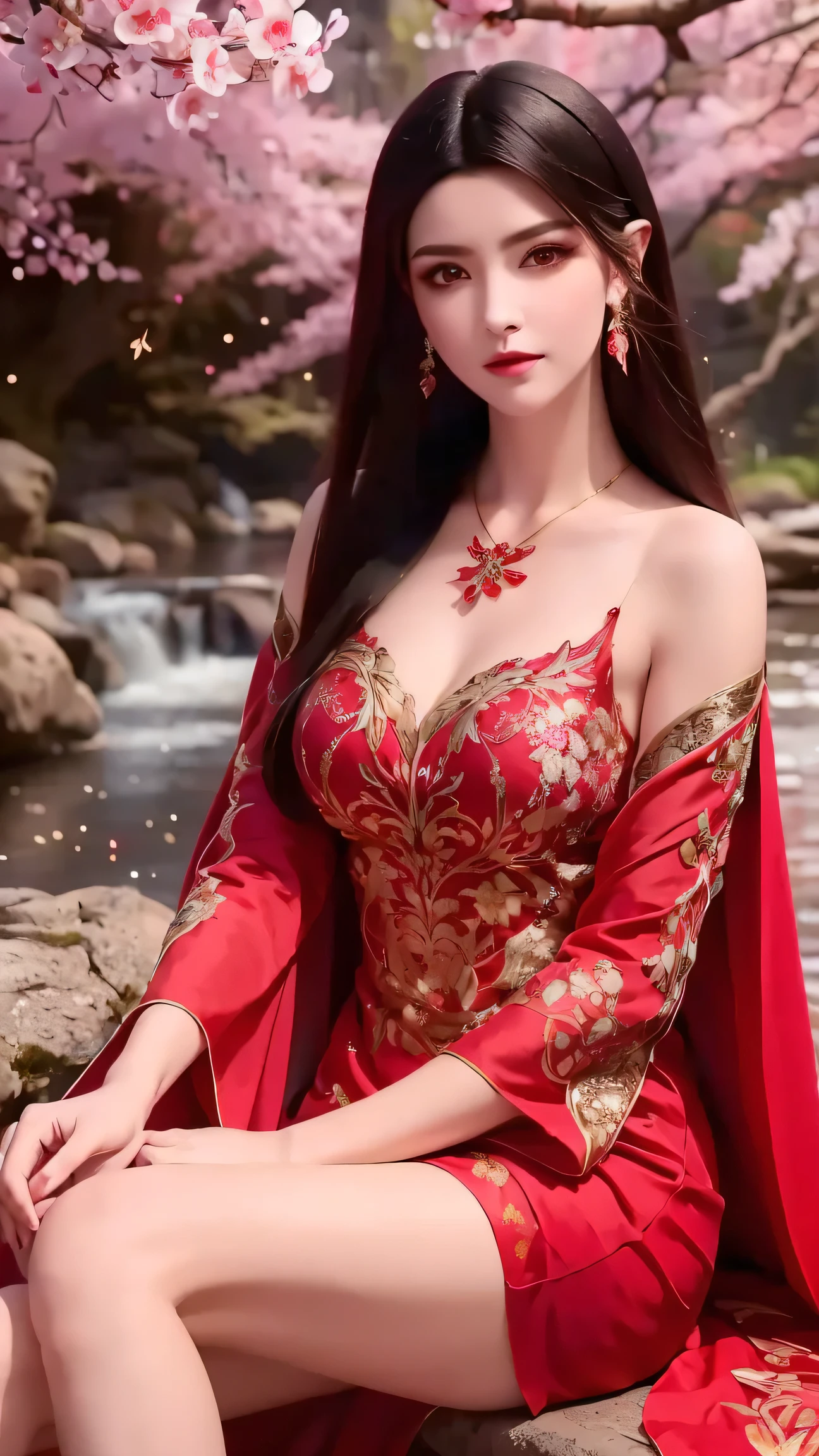(8k, Highest quality, masterpiece)，(Realistic, RAW Photos, Super Fine Clear), Realistic Light, Detailed skin, Beautiful woman, ((25-year-old female, PRİNCESS:1.5)), Thin legs, fine grain, Long white hair, Detailed fingers, erotic, Sexual, Expressions of ecstasy, huge bouncing busts, (Crimson armor of complex construction), , (Shangri-La, Flowers, Flowers, birds, wind and moon, Flower Storm), Lakeside