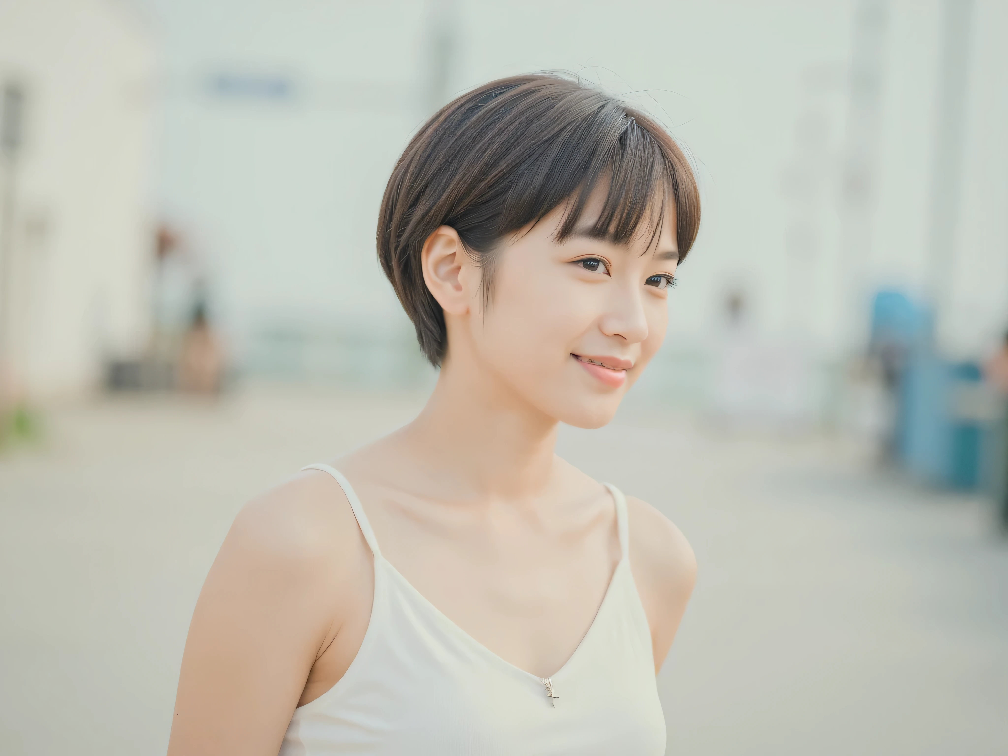  Japanese、woman、 Short Hair、Smile、profile、white colored clothes、 tank top 、 Miniskirt